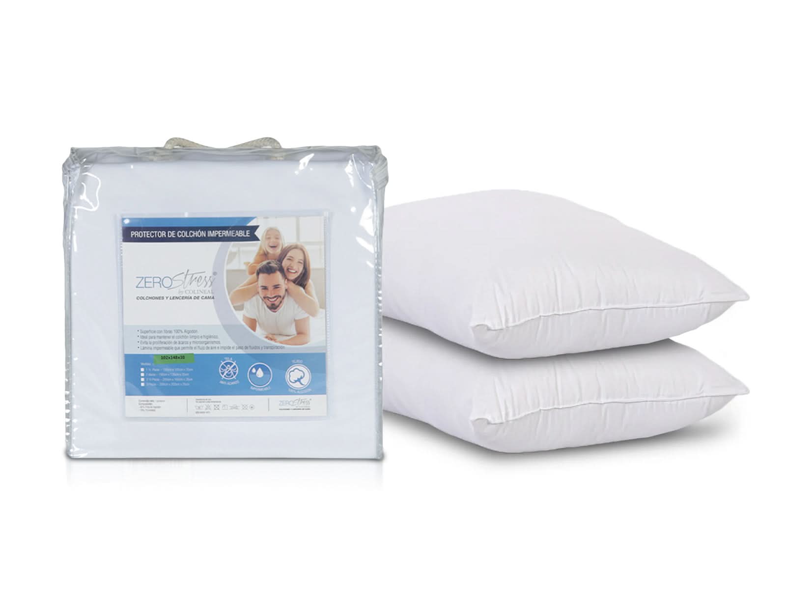 Set Protector De Colchón Full Impermeable Microfibra + 2 Almohadas Relax