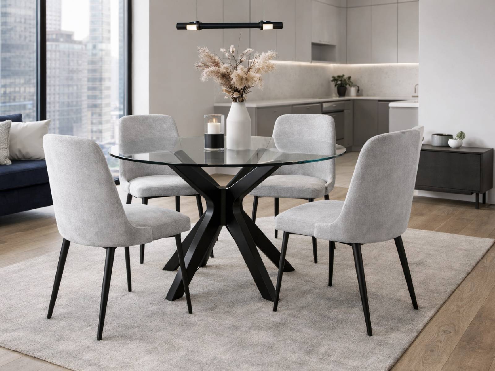 Mesa Comedor Circular Bacoli Vidrio Patas Negras