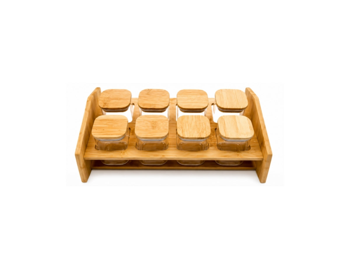 Set de 8 Condimenteros de Vidrio con Tapa de Bambú Warenhaus