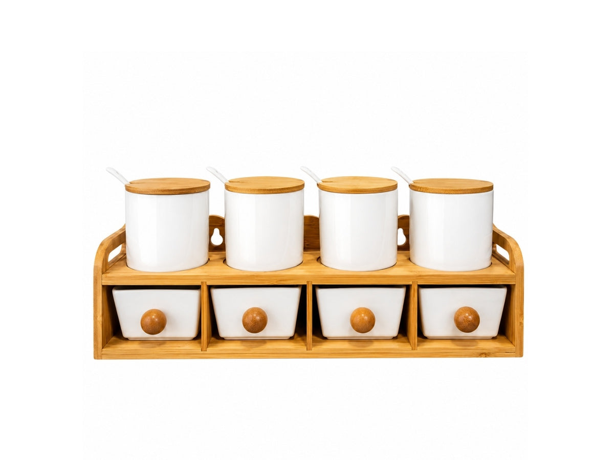 Set de Condimenteros con Cuchara de Cerámica y Tapa de Bambú Warenhaus