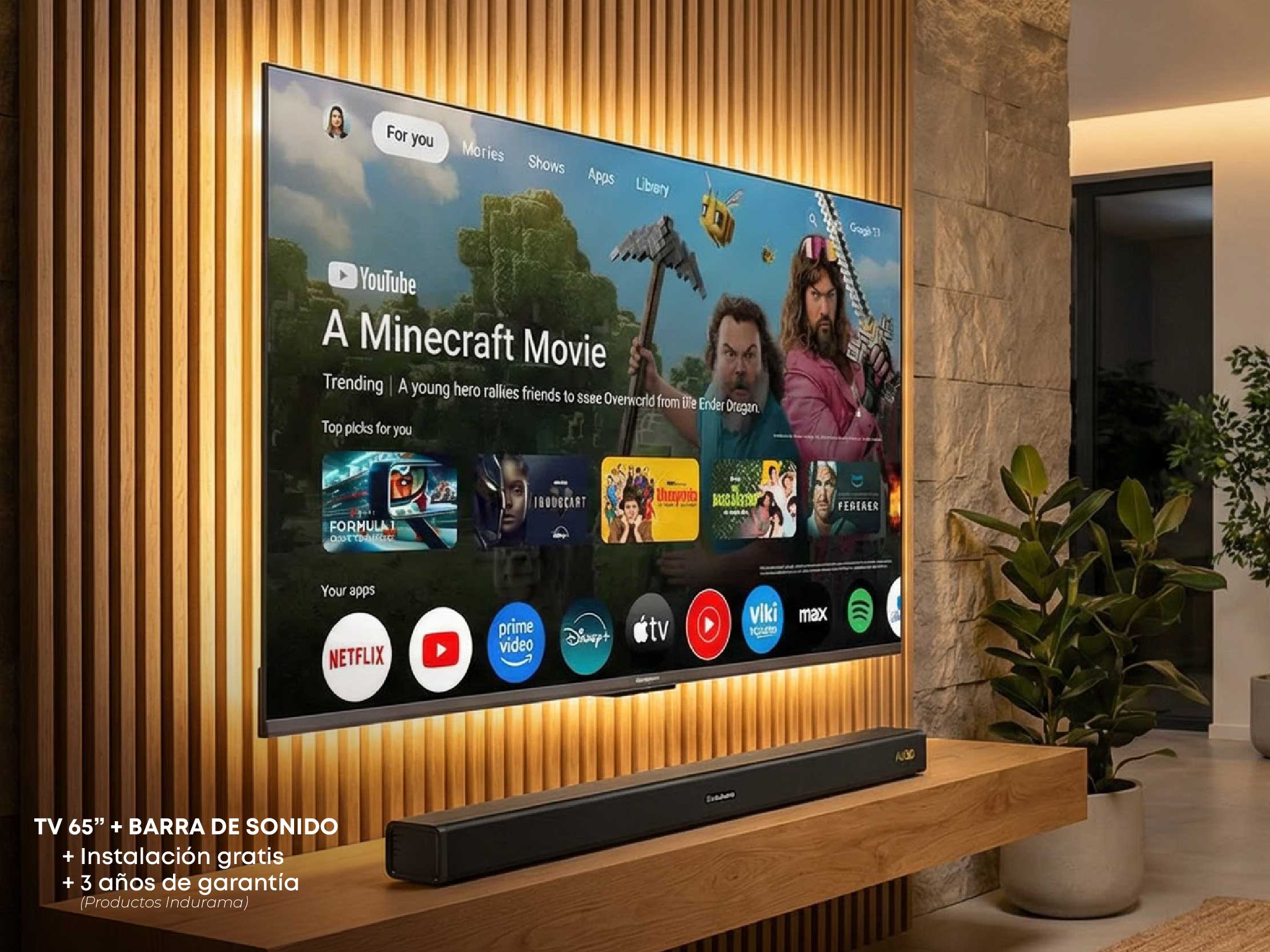 Combo Mundial Tv Indurama 65' + Barra de Sonido