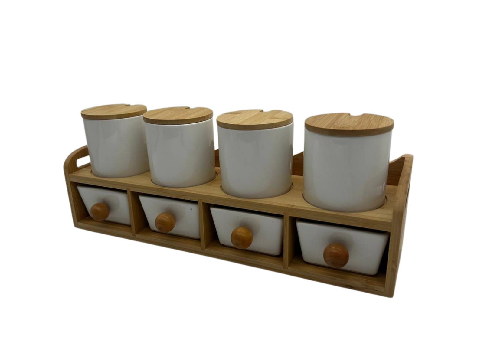 Set de Condimenteros con Cuchara de Cerámica y Tapa de Bambú Warenhaus