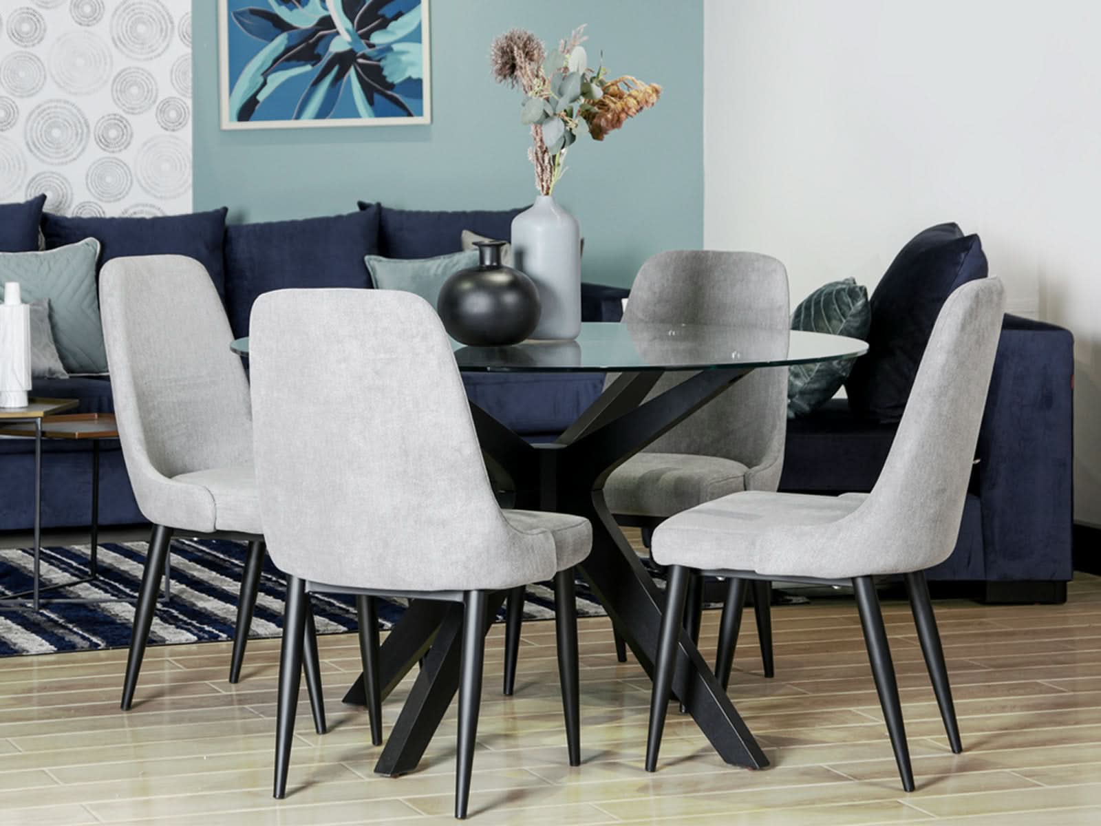 Mesa Comedor Circular Bacoli Vidrio Patas Negras