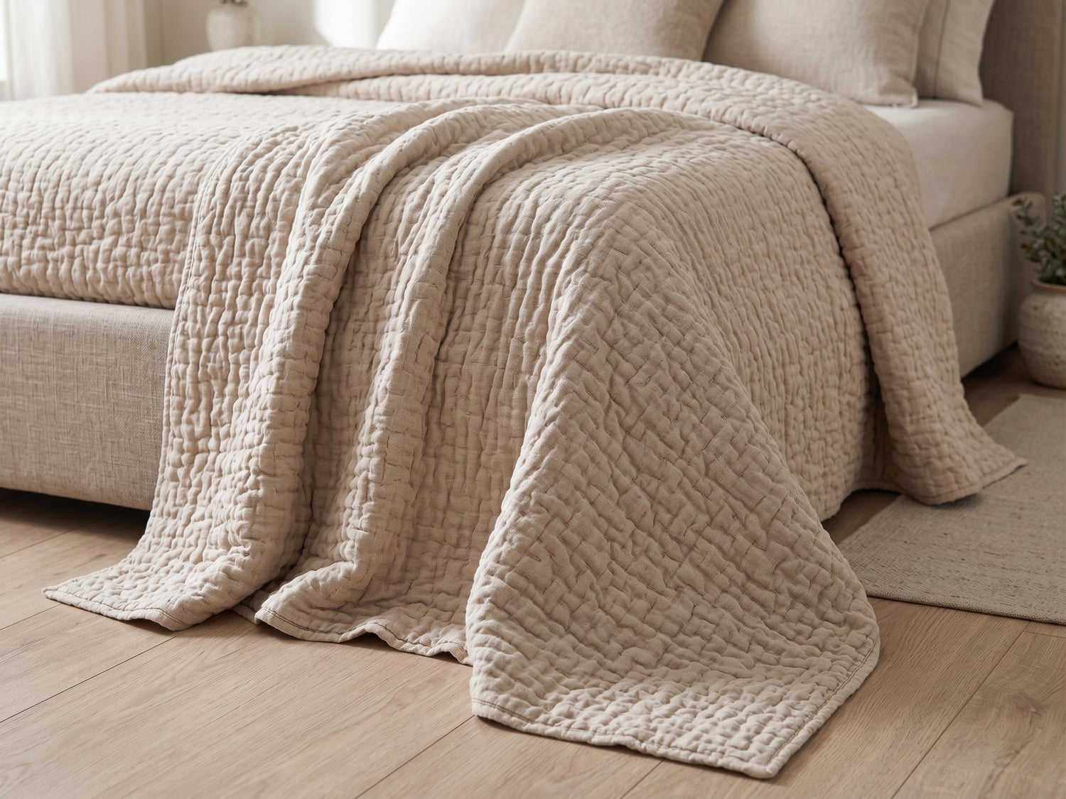 Cama vestida con edredón Bennet en tonos neutros, Colección Bennet de Colineal