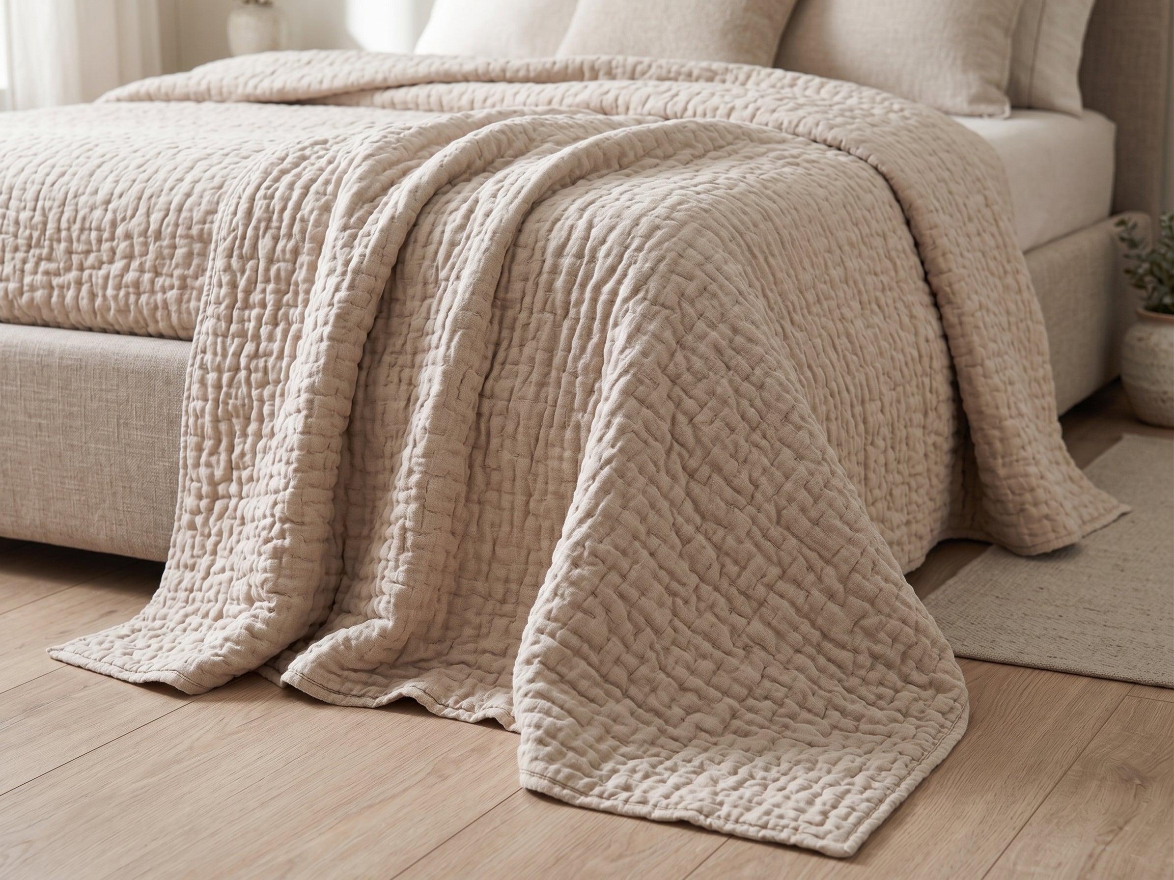 Cama vestida con edredón Bennet en tonos neutros, Colección Bennet de Colineal