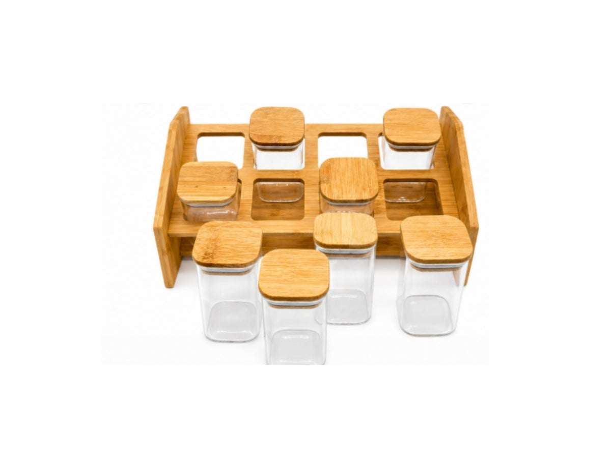 Set de 8 Condimenteros de Vidrio con Tapa de Bambú Warenhaus