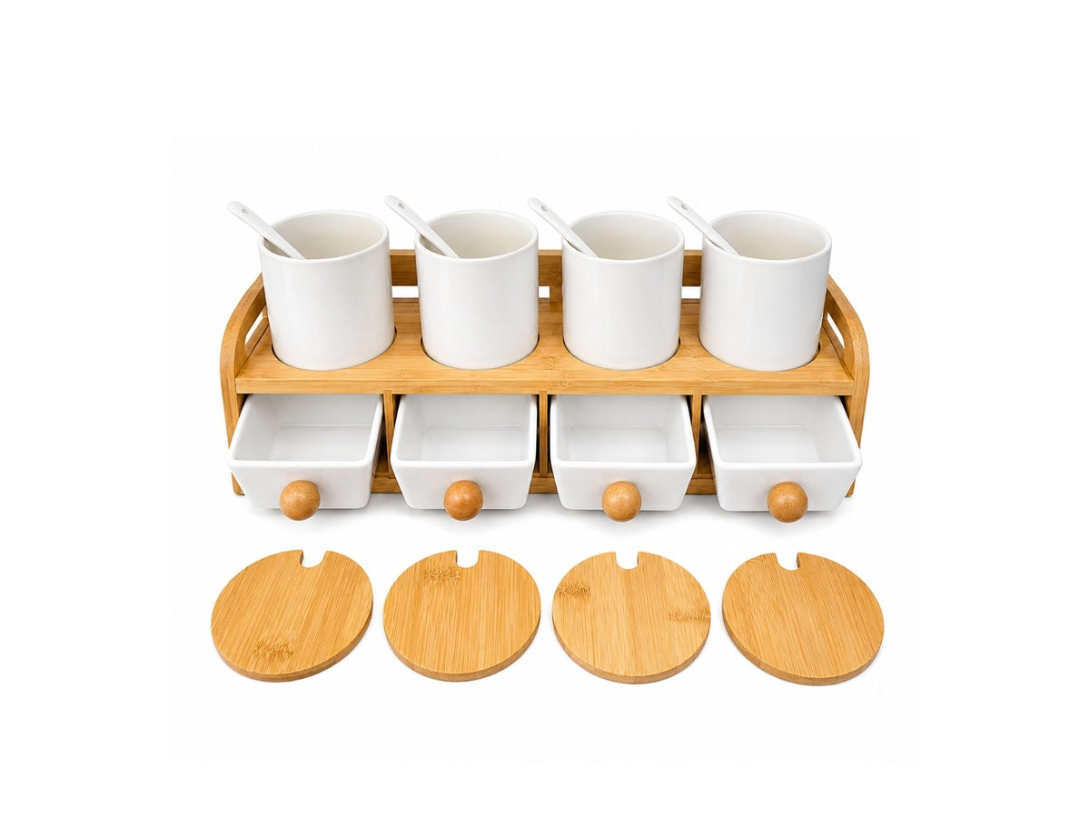Set de Condimenteros con Cuchara de Cerámica y Tapa de Bambú Warenhaus