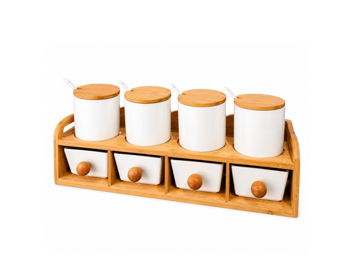 Set de Condimenteros con Cuchara de Cerámica y Tapa de Bambú Warenhaus